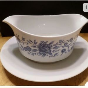 Sauce boat with attached plate-blue brocade-Elite-Japan